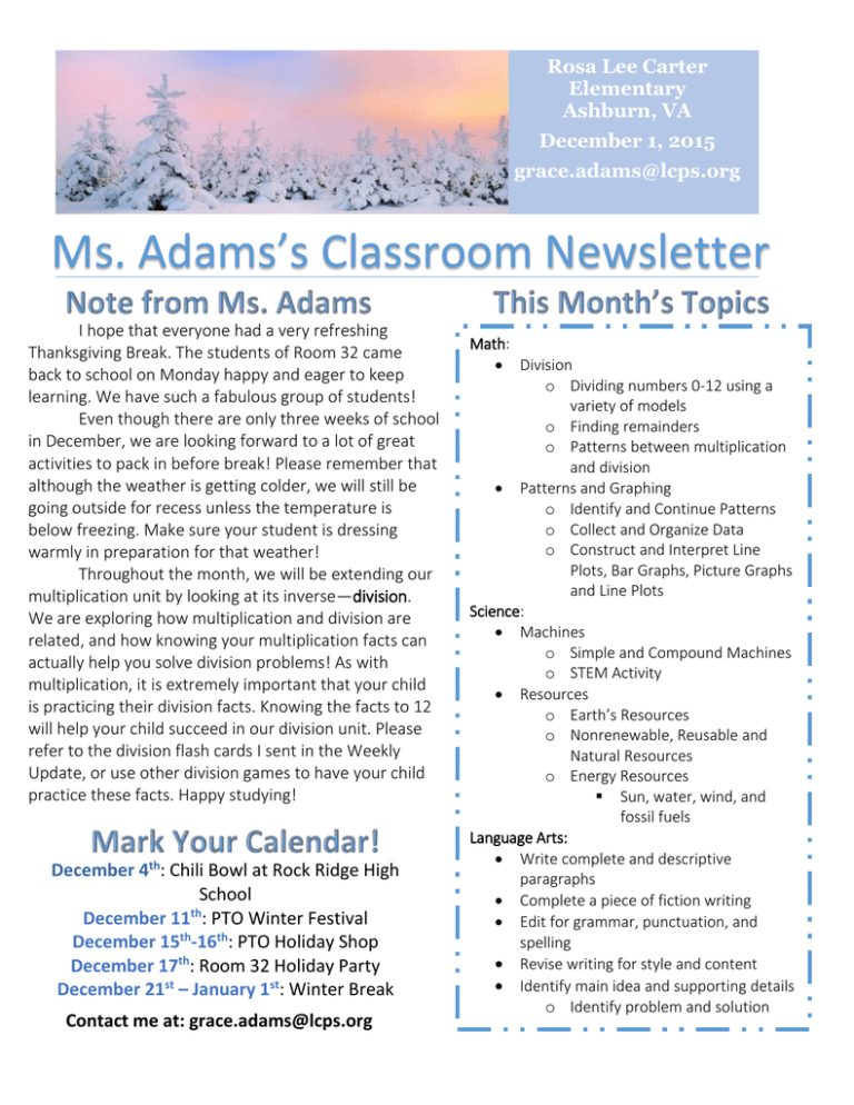 Ms. Adams's Classroom Newsletter Rosa Lee Carter Elementary