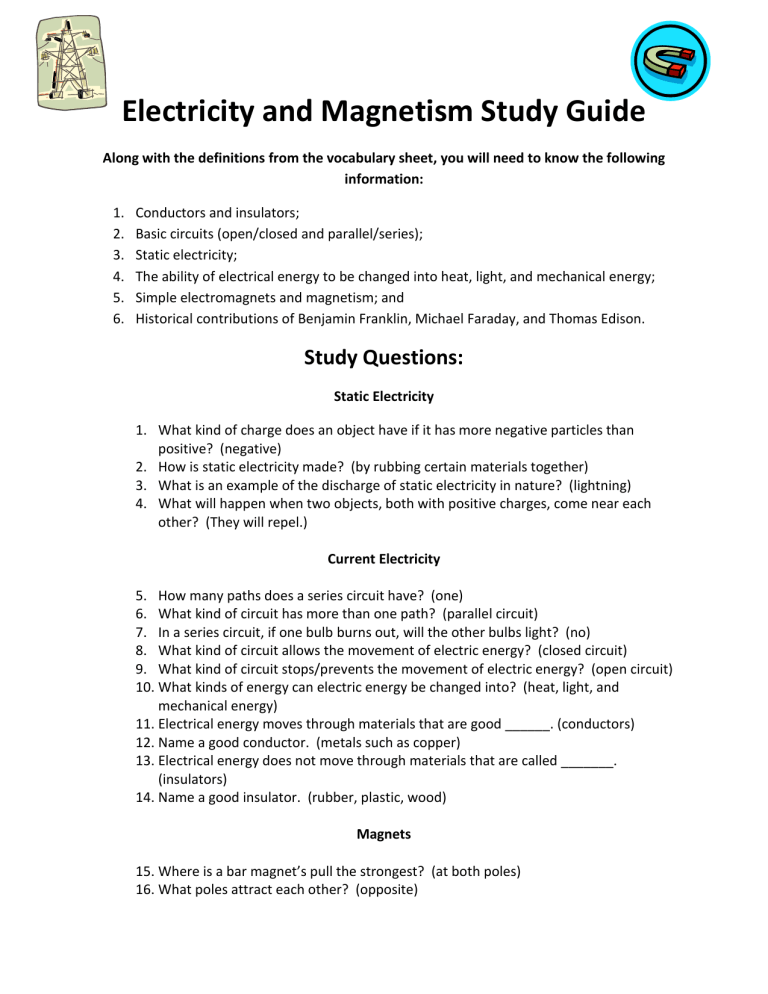 Electricity And Magnetism Study Guide Electricity And Magnetism Study Guide