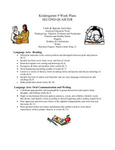 Kindergarten 9 Week Plans SECOND QUARTER Units &amp; Special Activities: