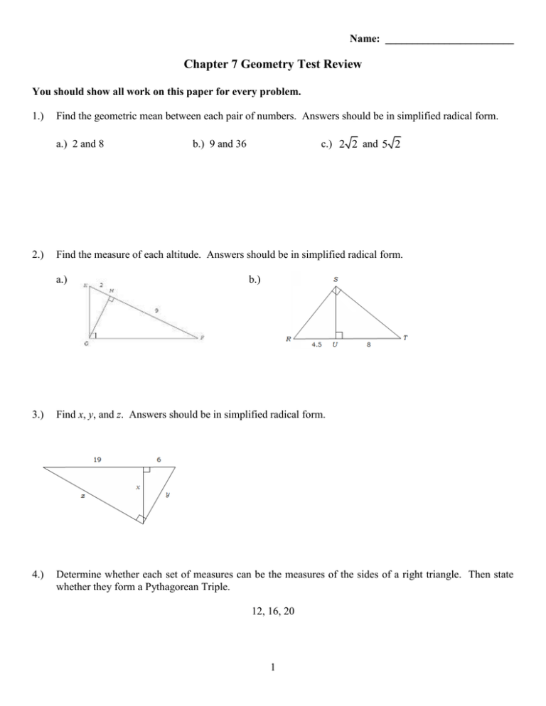 Chapter 7 Test Form 2b Geometry Answers