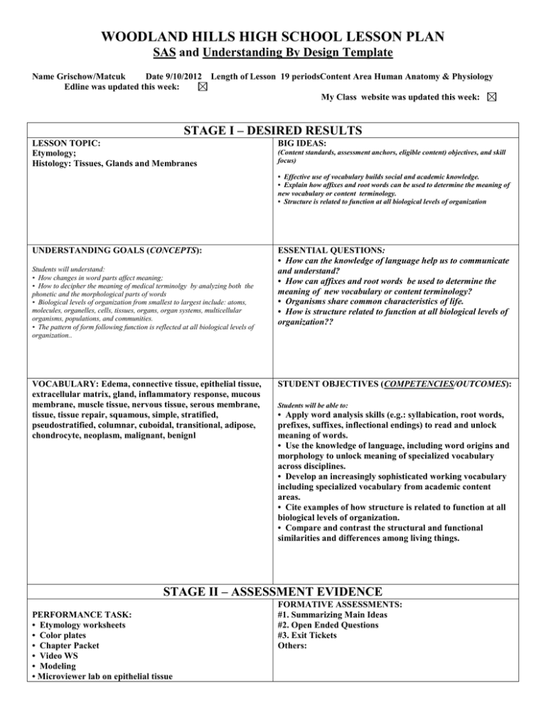 WOODLAND HILLS HIGH SCHOOL LESSON PLAN
