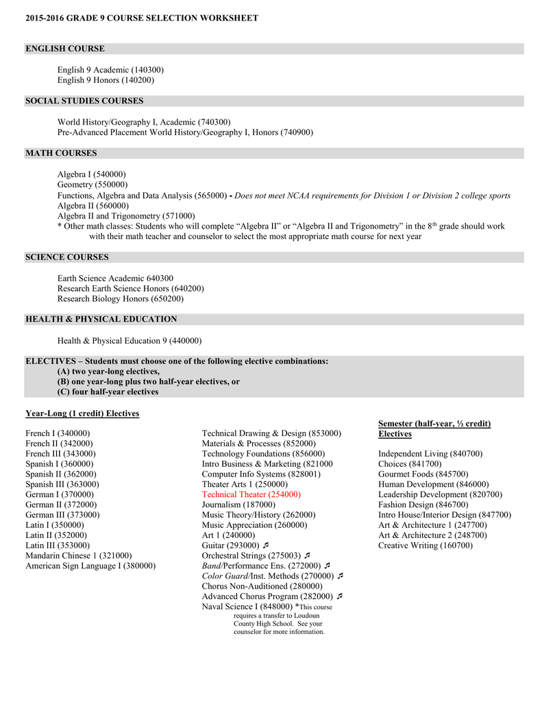 2015 2016 grade 9 course selection worksheet english course social