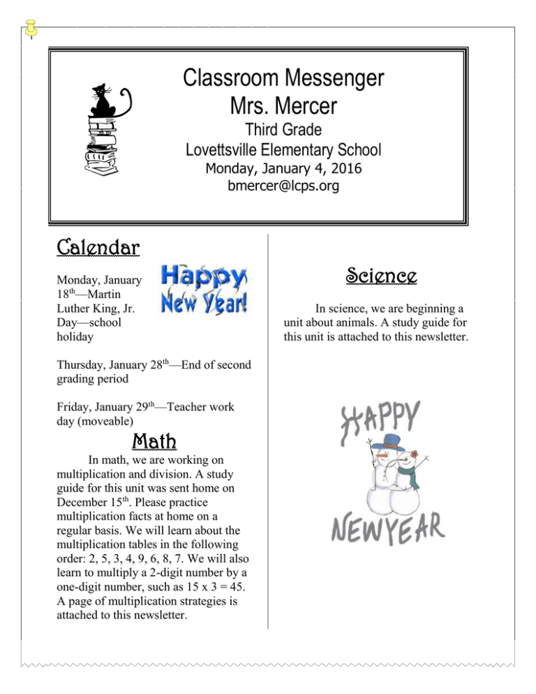 Classroom Messenger Mrs. Mercer Calendar