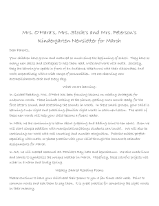 Mrs. O'Hara's, Mrs. Stock's and Mrs. Peterson’s Kindergarten Newsletter for March