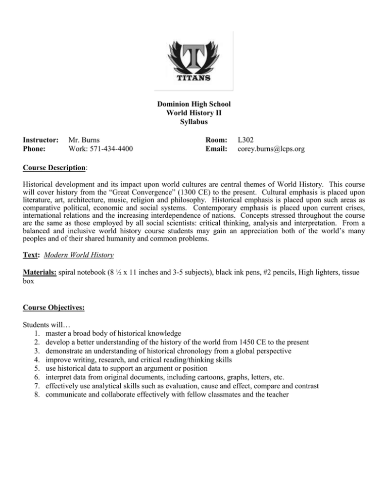 Dominion High School World History II Syllabus