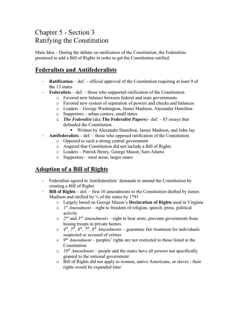 Chapter 4 - Section 4  Ratifying the Constitution Throughout Ratifying The Constitution  Worksheet Answers