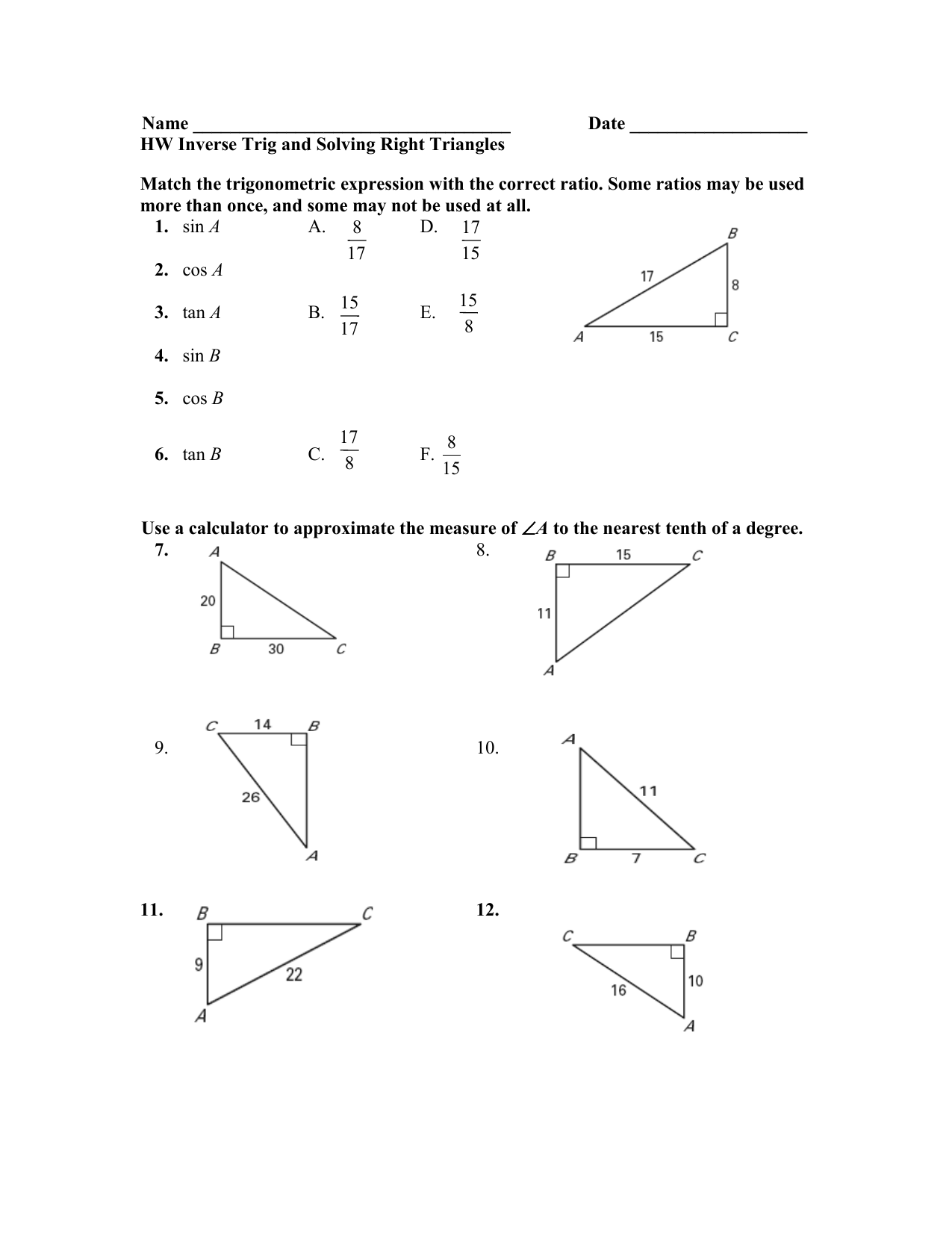 Name Date HW Inverse Trig and Solving Right Triangles Intended For Right Triangle Trigonometry Worksheet Answers