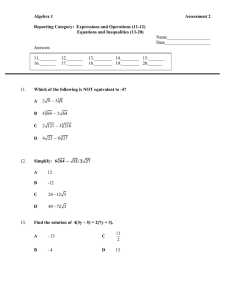 Algebra 1  Assessment 2 Reporting Category:  Expressions and Operations (11-12)