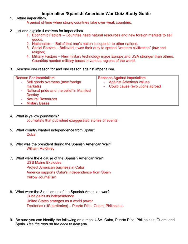 Analyzing The Spanish American War Worksheet Answer Key