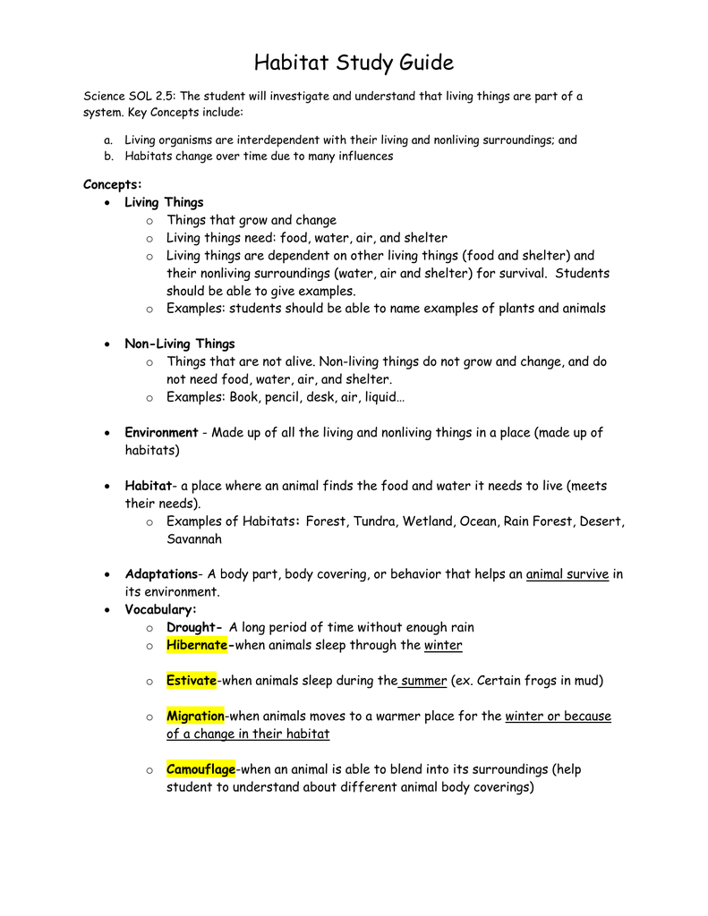 Habitat Study Guide Habitat Study Guide