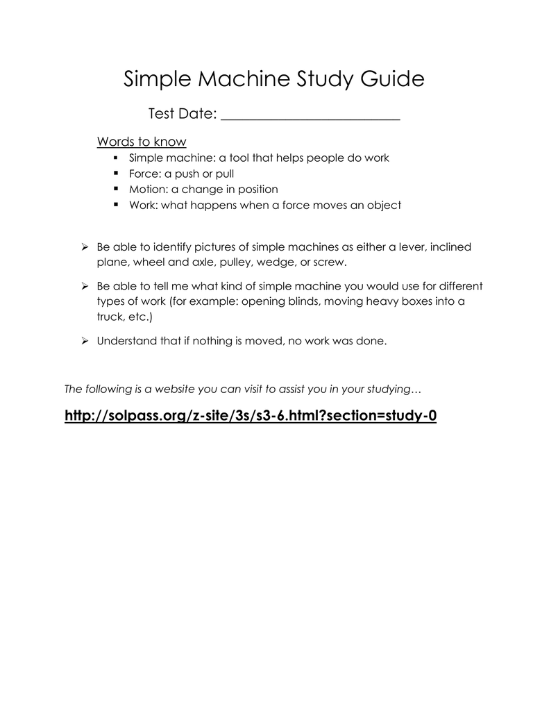 Simple Machine Study Guide Test Date Words Simple Machine Study Guide Test Date Words
