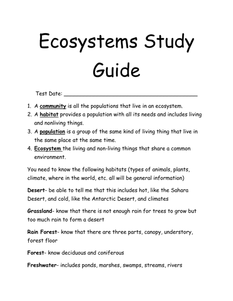 Ecosystems Study Guide 5th Grade