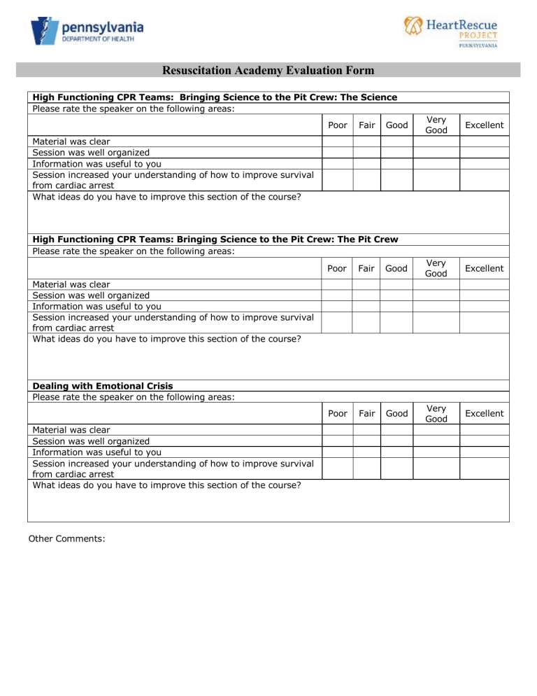 Resuscitation Academy Evaluation Form