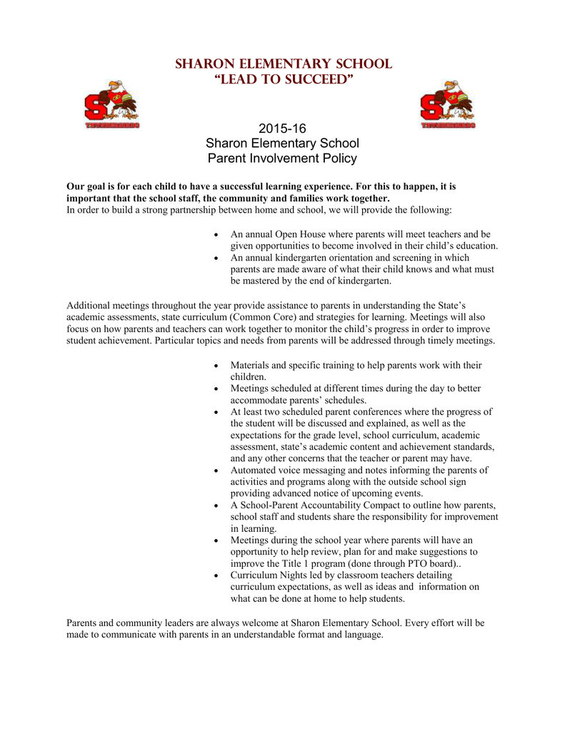 2015 16 Sharon Elementary School Parent Involvement Policy 2015 16 Sharon Elementary School Parent Involvement Policy