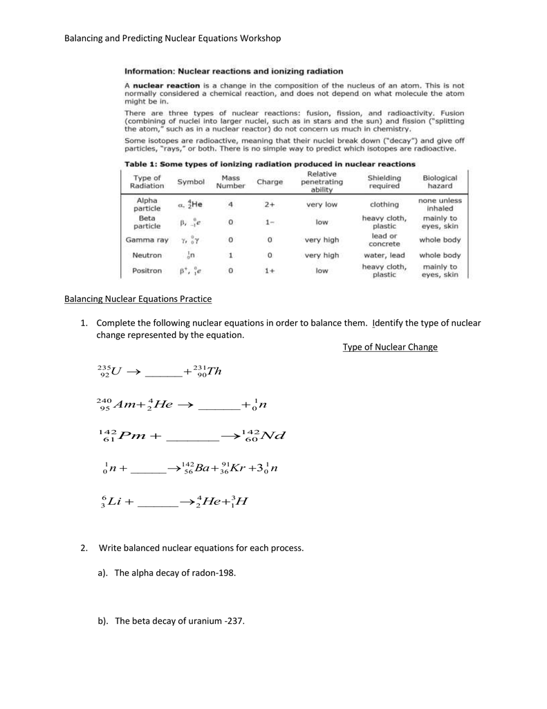 Balancing and Predicting Nuclear Equations Workshop Balancing For Nuclear Decay Worksheet Answer Key