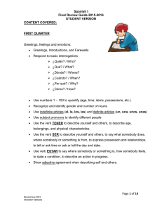 Spanish I Final Review Guide 2015-2016 STUDENT VERSION CONTENT COVERED: