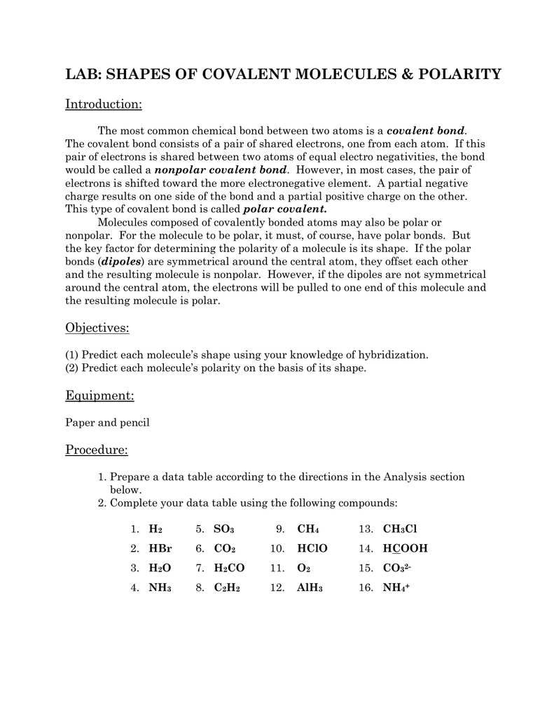 LAB: SHAPES OF COVALENT MOLECULES &amp; POLARITY Introduction: For Worksheet Polarity Of Bonds Answers