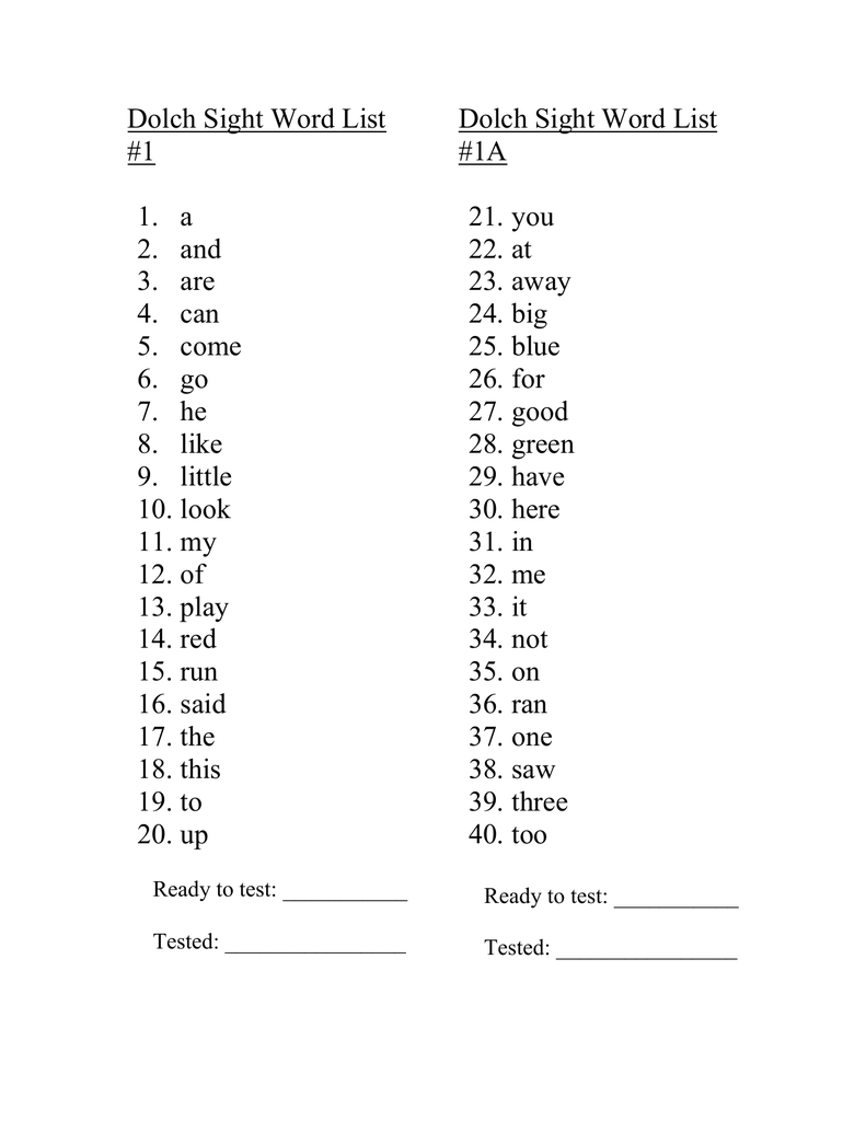 kindergarten dolch sight word lists