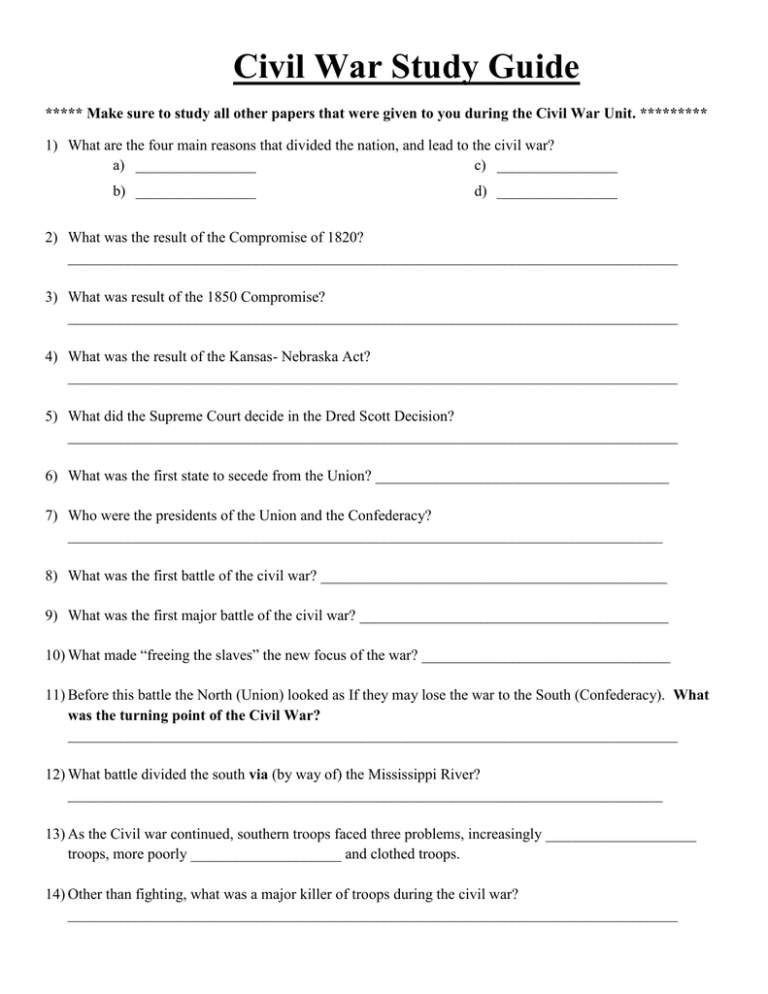 Civil War Study Guide