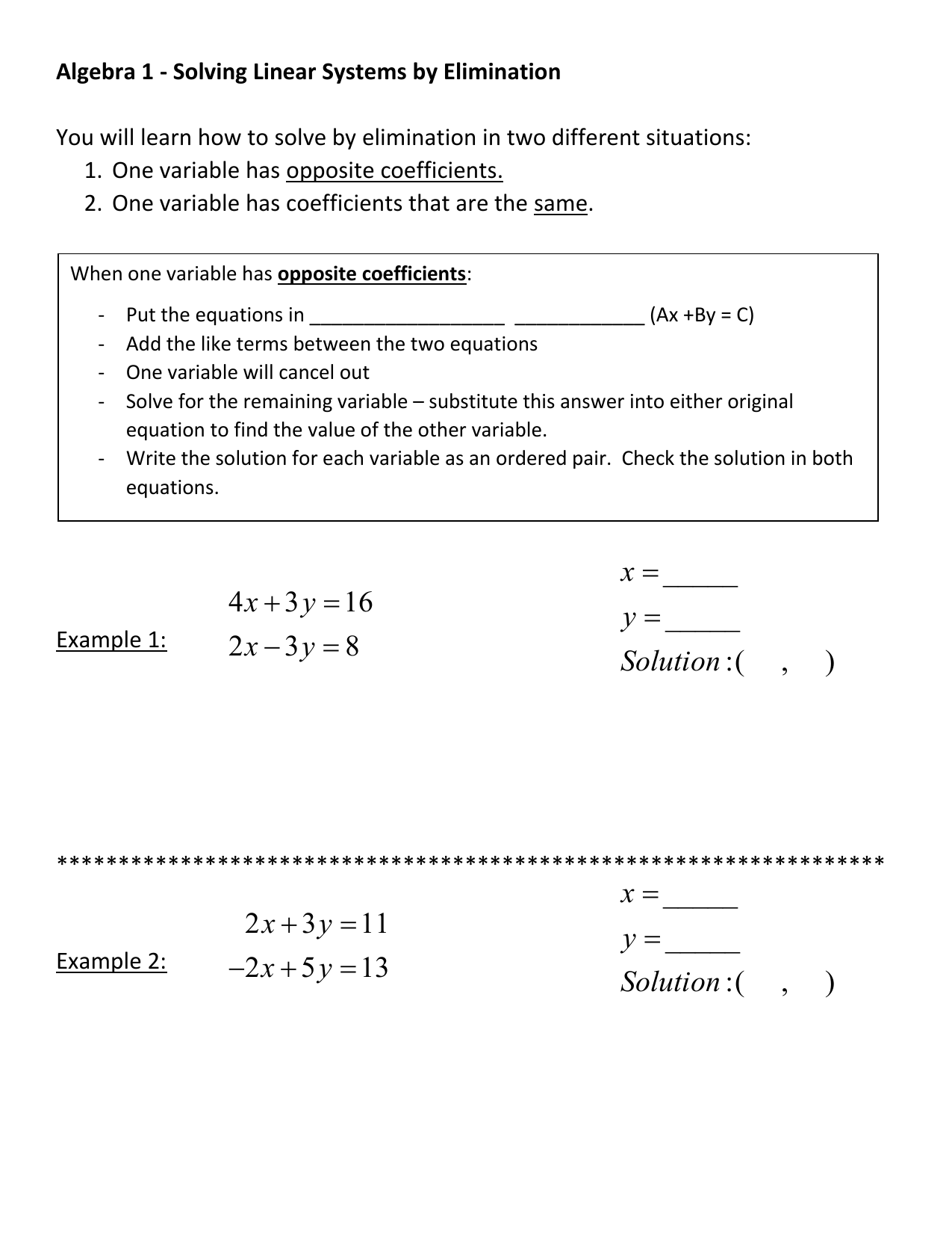 Algebra 1 Solving Linear Systems By Elimination