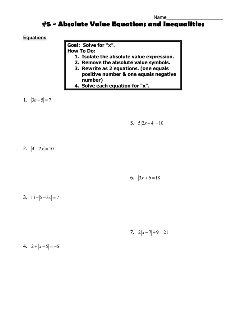 22 - Absolute Value Equations and Inequalities In Absolute Value Equations Worksheet