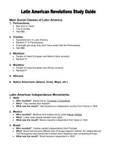 Main Social Classes of Latin America: 1.  Peninsulares: 2.  Creoles: