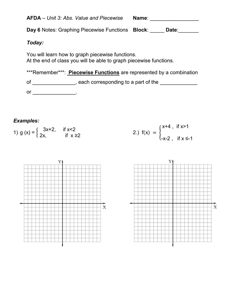 AFDA Name Day 20 Unit 20: Abs. Value and Piecewise With Regard To Worksheet Piecewise Functions Algebra 2