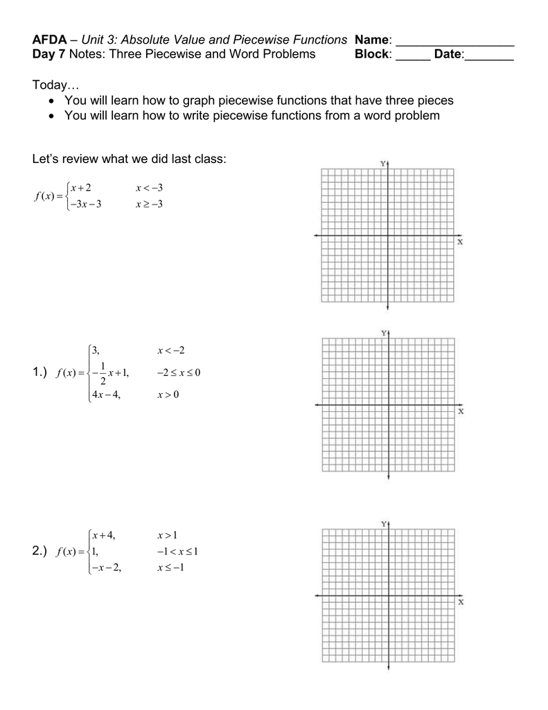 AFDA Day 11 Block Unit 11: Absolute Value and Piecewise Functions For Graphing Piecewise Functions Worksheet