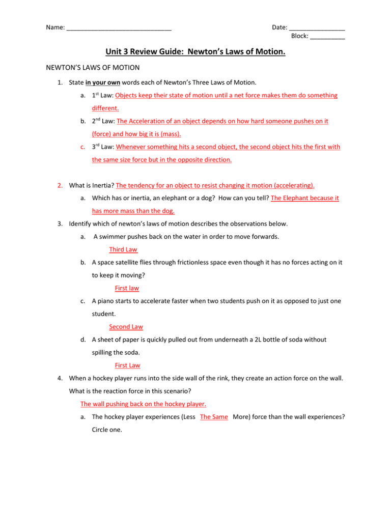Unit 3 Review Guide Newton s Laws Of Motion 