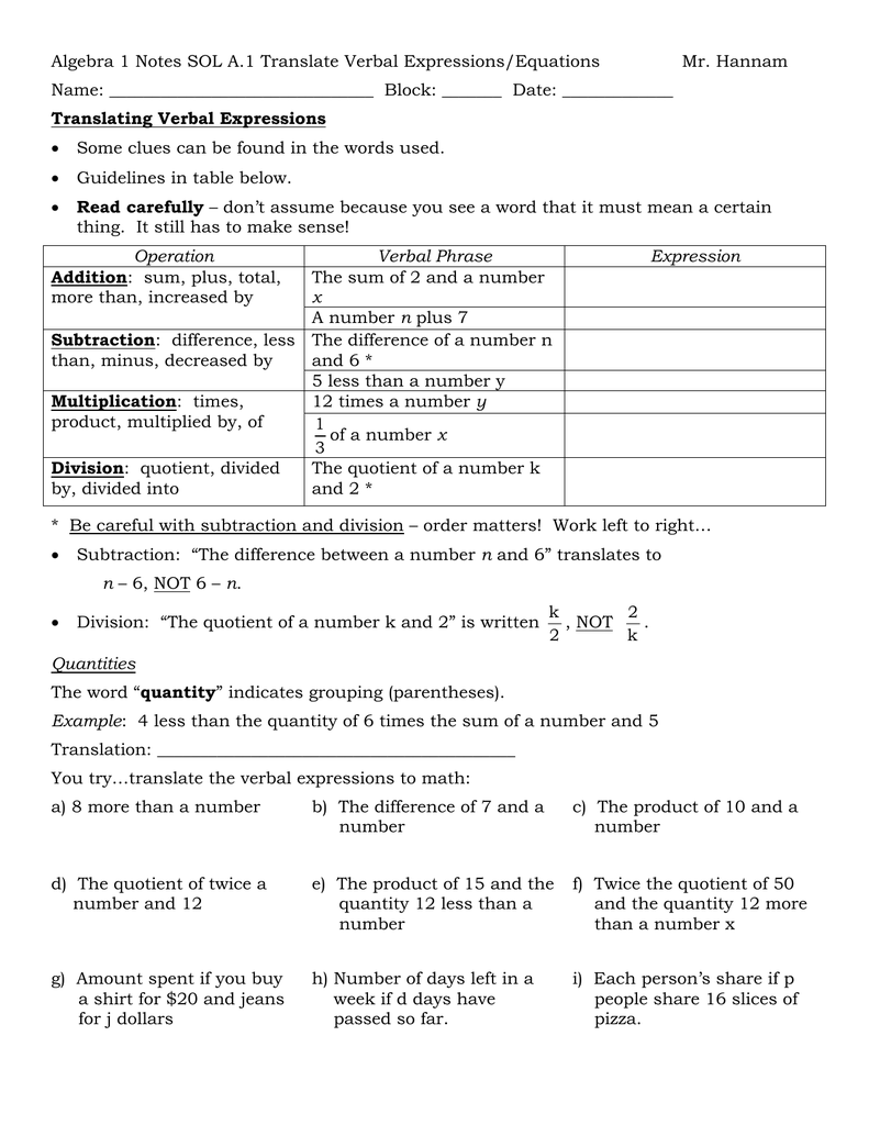 Algebra 1 Notes Sol A 1 Translate Verbal Expressions Equations