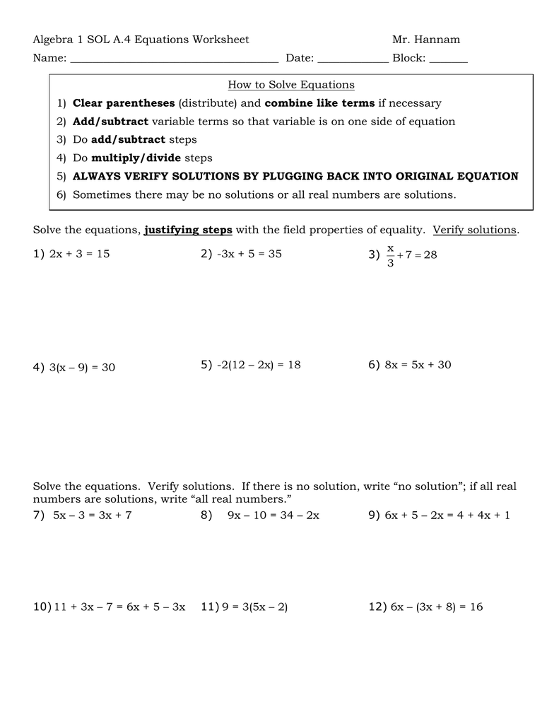 Algebra 22 SOL A.22 Equations Worksheet Mr. Hannam In Combining Like Terms Equations Worksheet