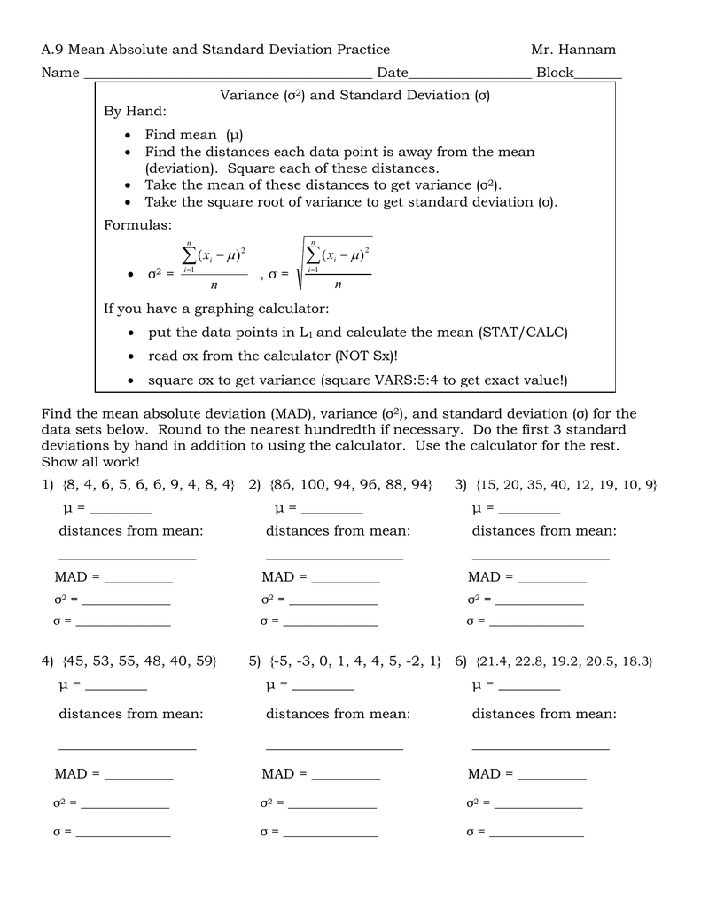 A.22 Mean Absolute and Standard Deviation Practice  Name Throughout Standard Deviation Worksheet With Answers