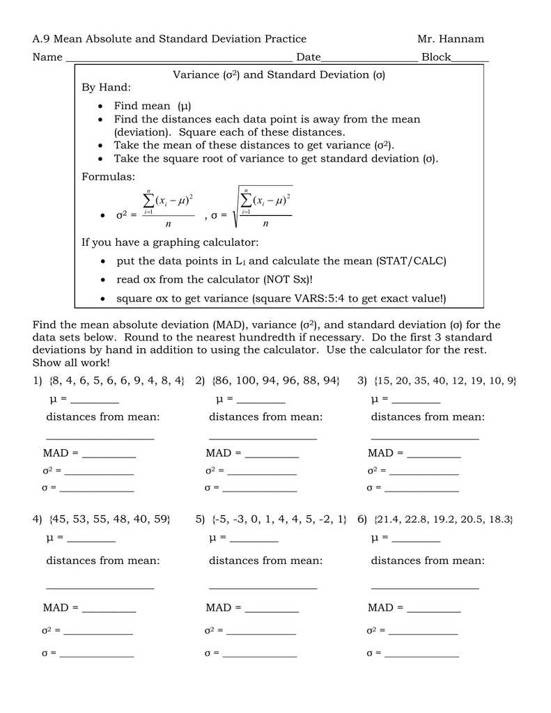 Standard Deviation Worksheet With Answers