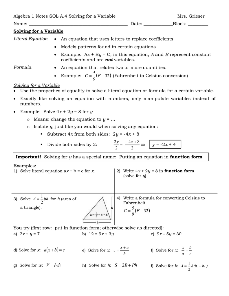 Document 22 In Solve Literal Equations Worksheet