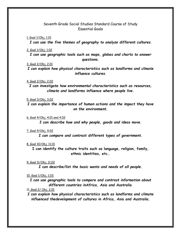 Seventh Grade Social Studies Standard Course Of Study Essential Goals