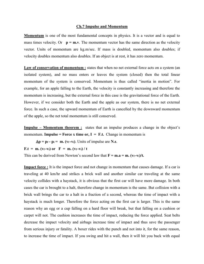 Ch 7 Impulse And Momentum Momentum P M V