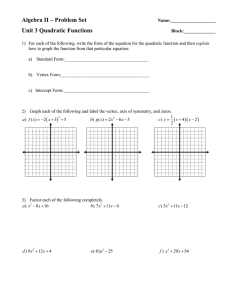 Algebra II – Problem Set Unit 3 Quadratic Functions