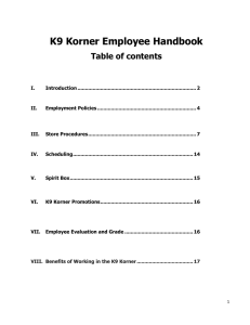 K9 Korner Employee Handbook Table of contents