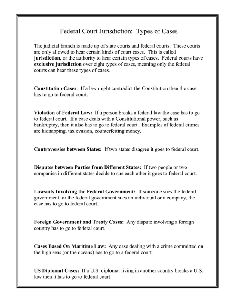 Federal Court Jurisdiction Types Of Cases