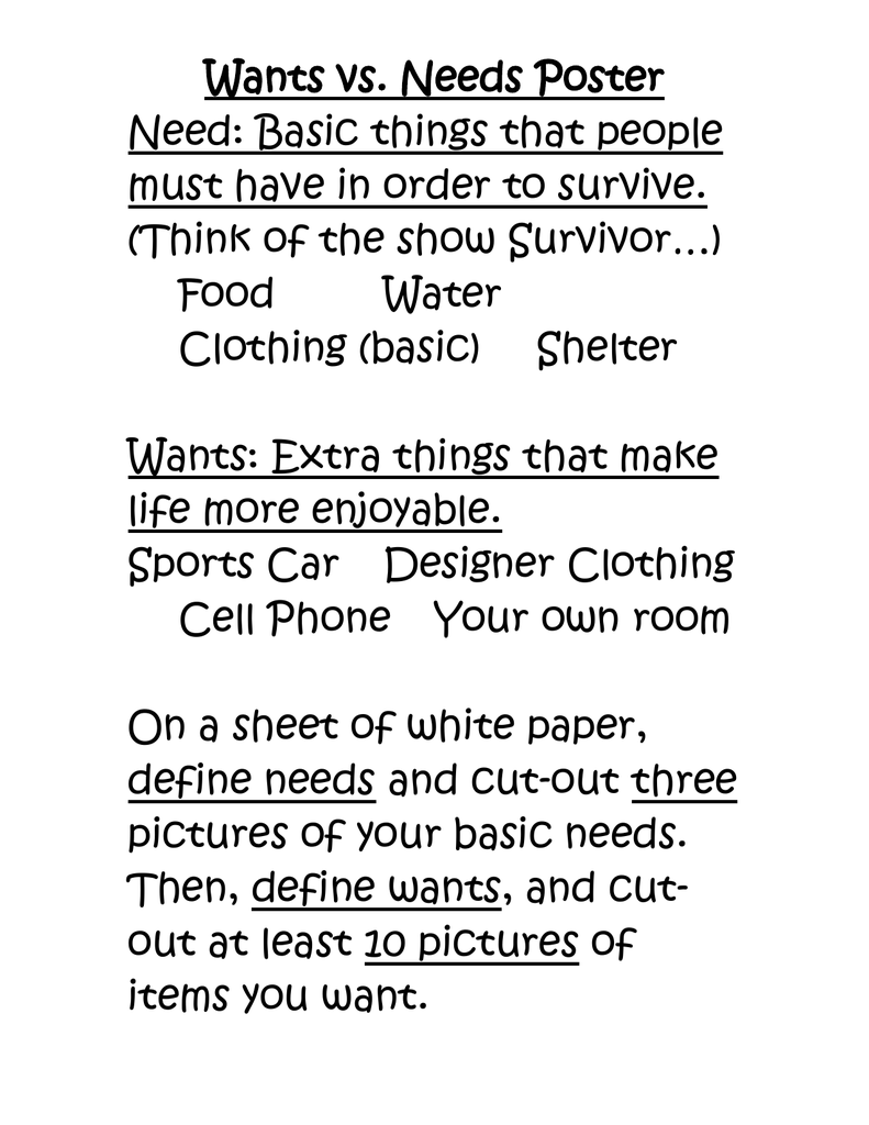 Wants Vs Needs Poster Need Basic Things That People