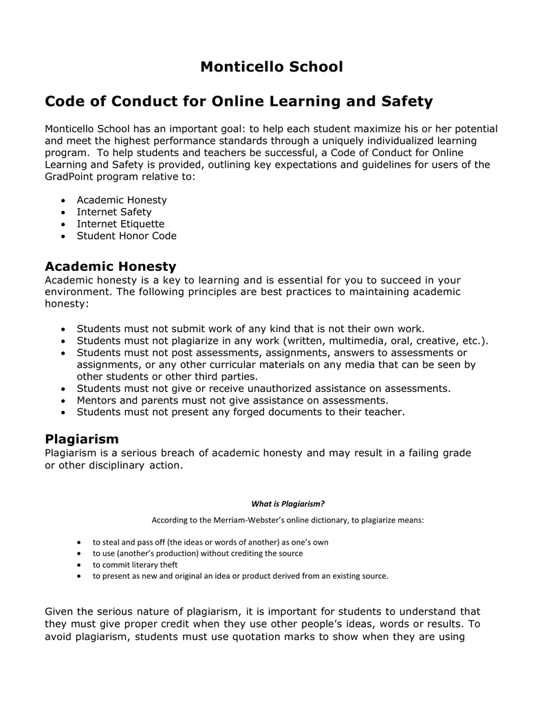 Monticello School Code Of Conduct For Online Learning And Safety