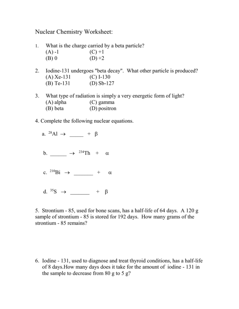 Nuclear Chemistry Worksheet 