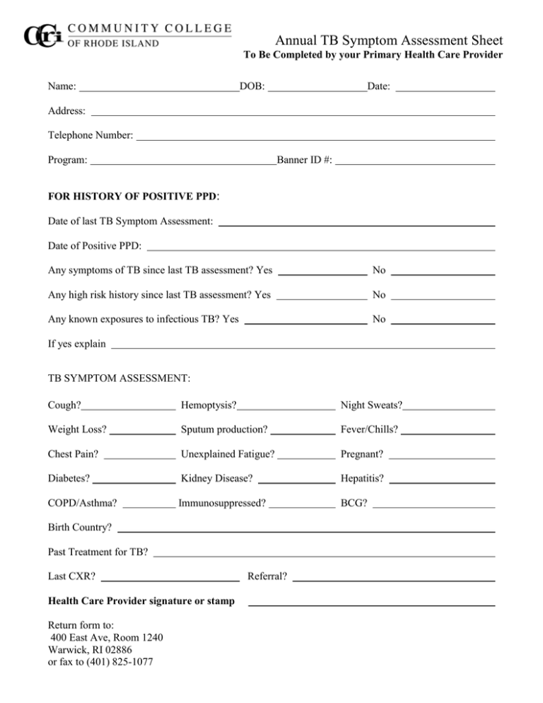 Employment Printable Tb Skin Test Form Template