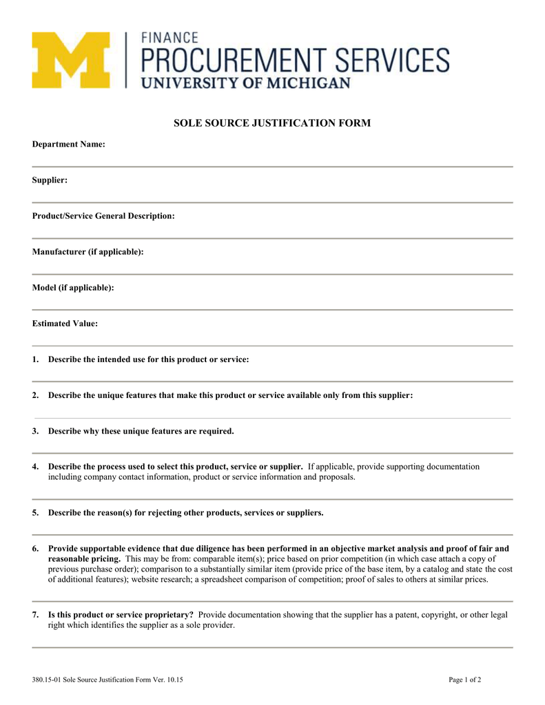 SOLE SOURCE JUSTIFICATION FORM