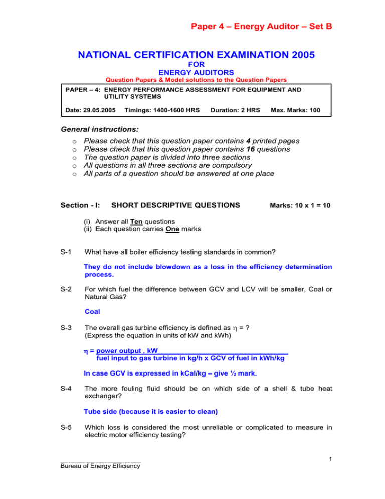 NATIONAL CERTIFICATION EXAMINATION 2005 Energy Auditor Set B Paper 4