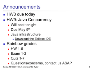 Announcements HW8 due today HW9: Java Concurrency Rainbow grades