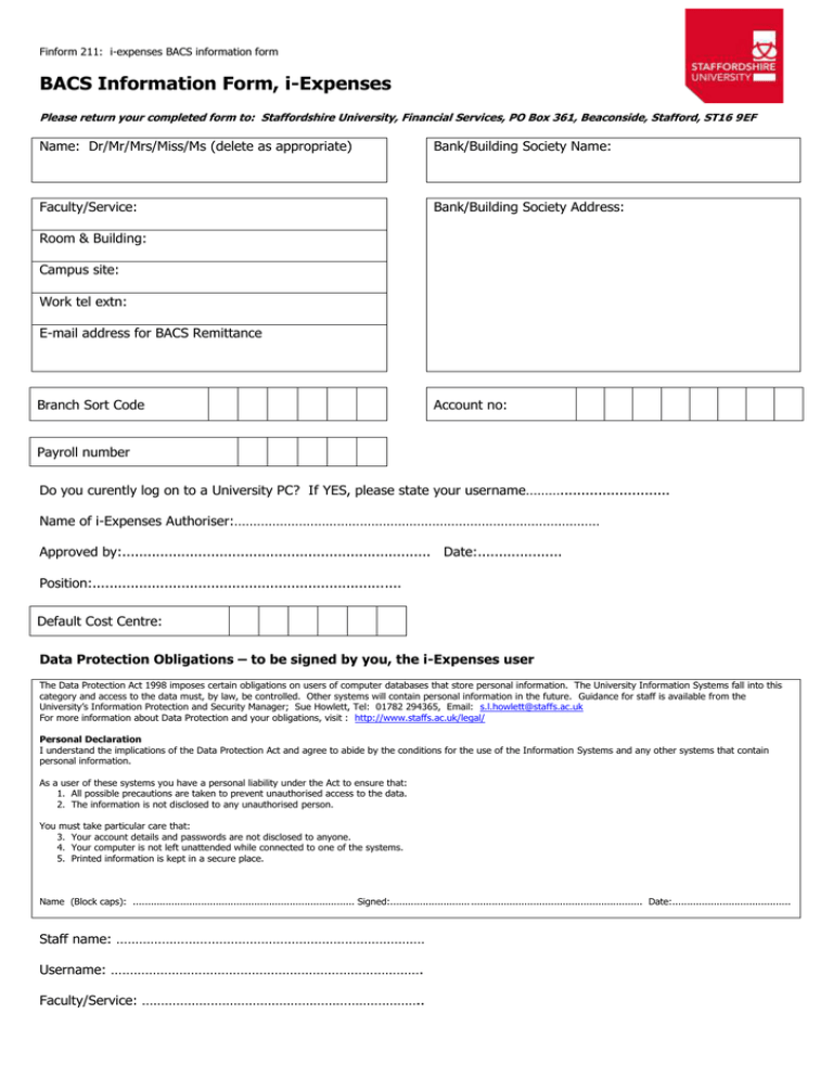 BACS Information Form I Expenses