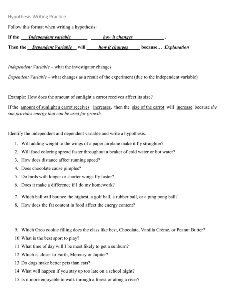 scientific method unit hypothesis writing practice answers
