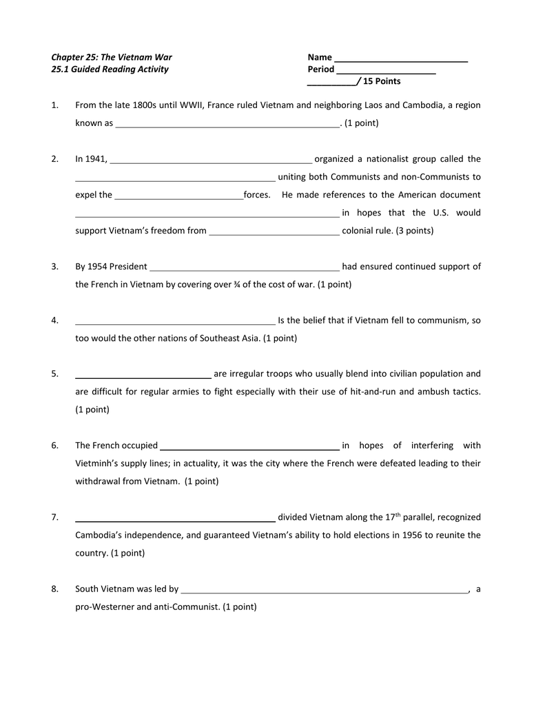Chapter 25 The Vietnam War 25.1 Guided Reading Activity
