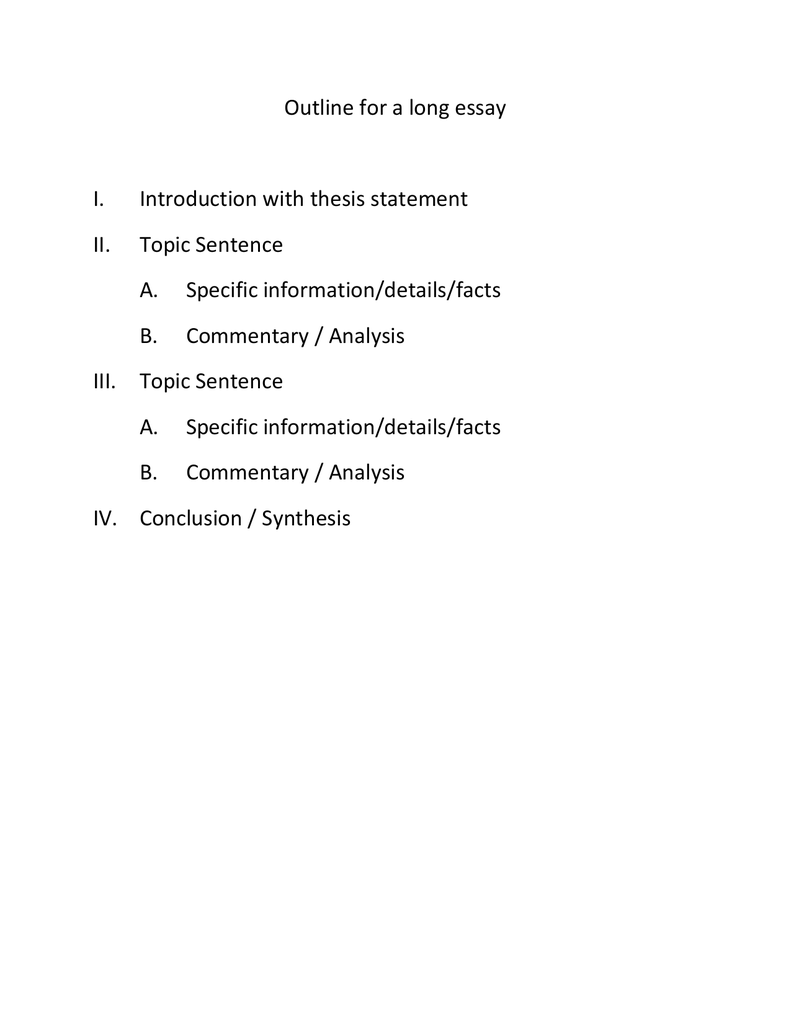 Outline for a long essay I. Introduction with thesis statement